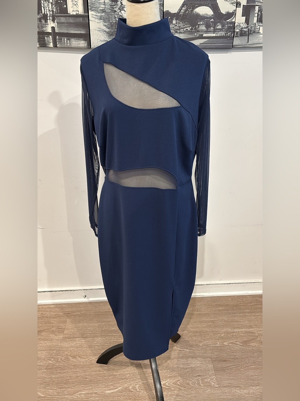 Fashion Nova Navy Mesh Cutout Long Sleeve Dress